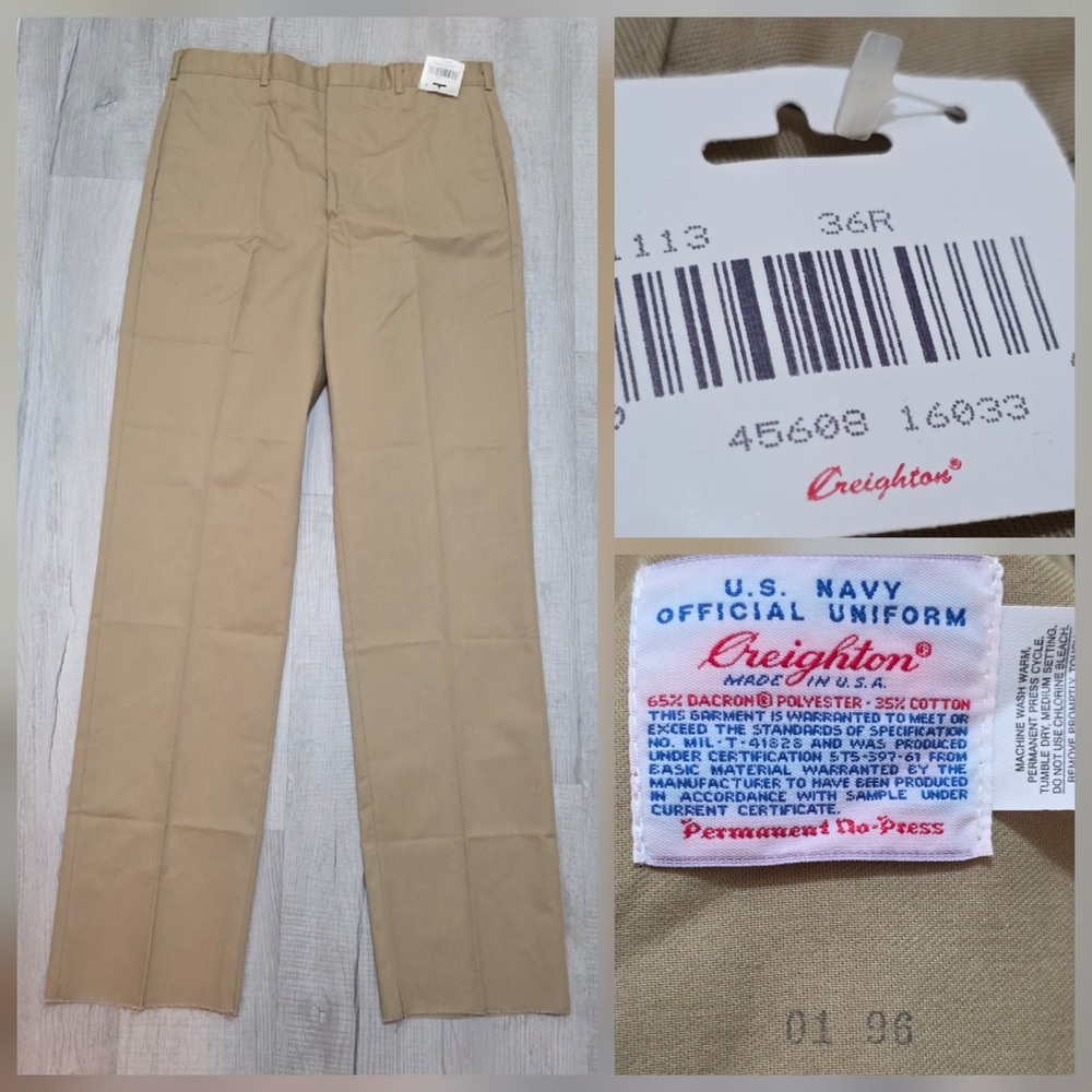 US Navy Creighton Military‎ Uniform Khaki Pants Trousers Mens 36R Unfinished VTG